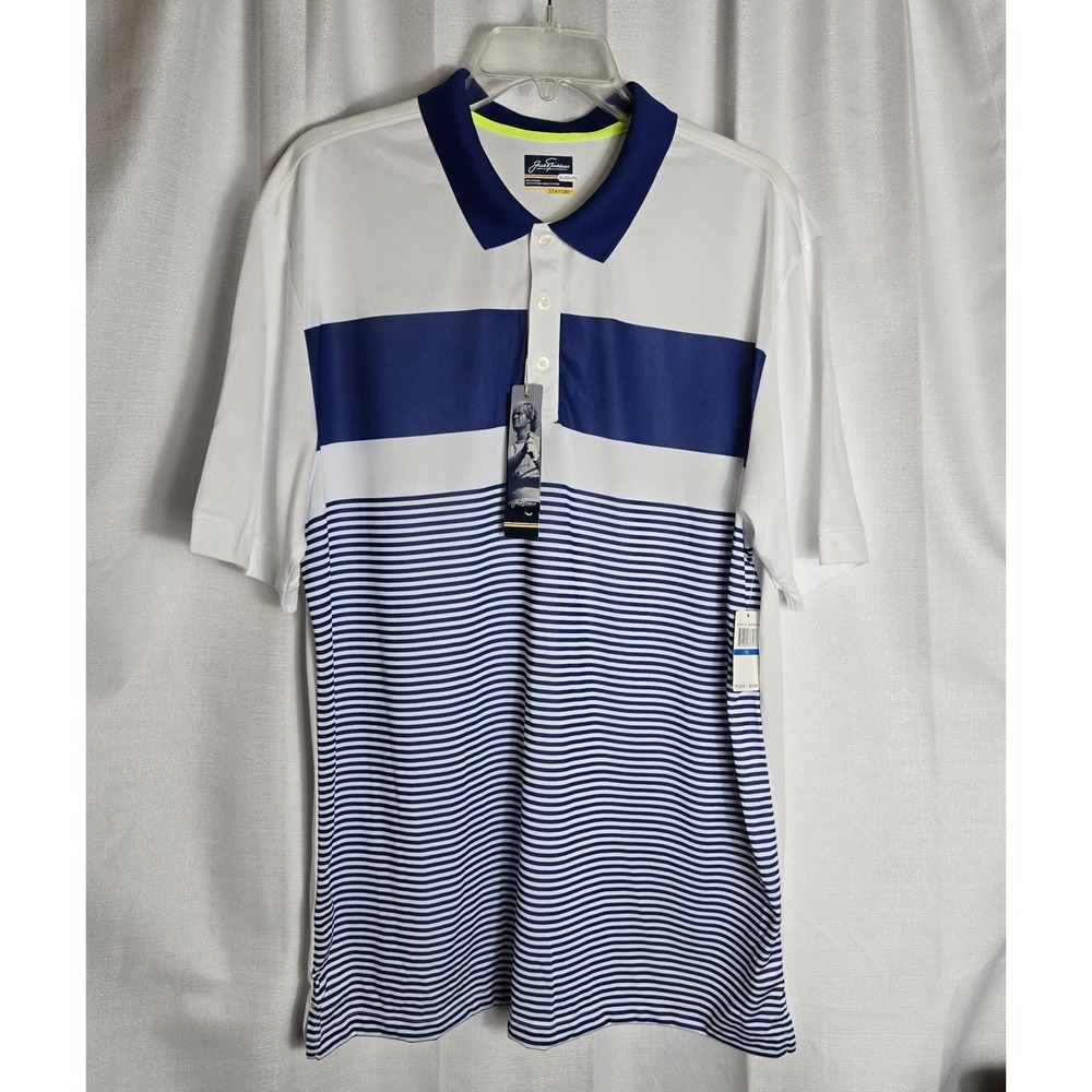 NWT New Jack Nicklaus‎ Staydri XL white with blue stripe golf polo